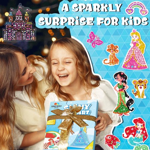sinceroduct Diamond Art Kits for Kids with 6 Princess and Animals Stickers, 3 Gem Art Keychains and Suncatchers, Make Your Own Arts & Crafts, Christmas and Birthday Gifts for Girls Aged 4-8+