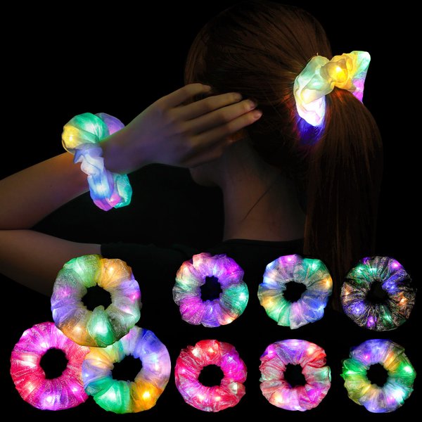 10Pcs LED Light Hair Scrunchies for Girls - Glow in the dark Hair Scrunchies, Light Up Scrunchy Hair Ties for Women, Glow Mermaid Party favors Supplies Rave Neon Accessories Festival Christmas