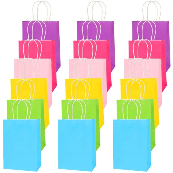 LovesTown 18 PCS Colorful Gift Bags, Colored Paper Bags Rainbow Party Favor Kraft Candy Bags with Handle for Easter Birthday Wedding and Celebrations