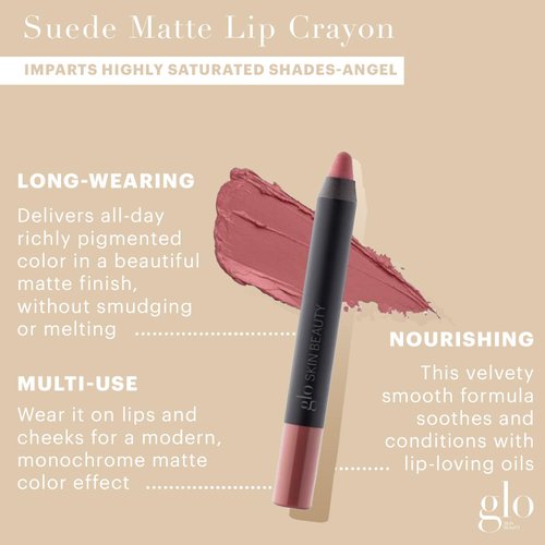 Glo Skin Beauty Suede Matte Lip Crayon (Angel) - Longwearing Formula Stays On All Day, With Conditioning Shea Butter + Mango Seed Oil for a Velvety Smooth Finish