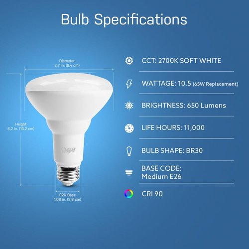 Feit Electric LED BR30 Light Bulbs, 65W Equivalent, Dimmable, 10 Year Life, 650 Lumens, 2700K Soft White, E26 Base Recessed Can Light Bulbs, Flood Light Bulbs, Damp Rated, 2 Pack, BR30DM/10KLED/2