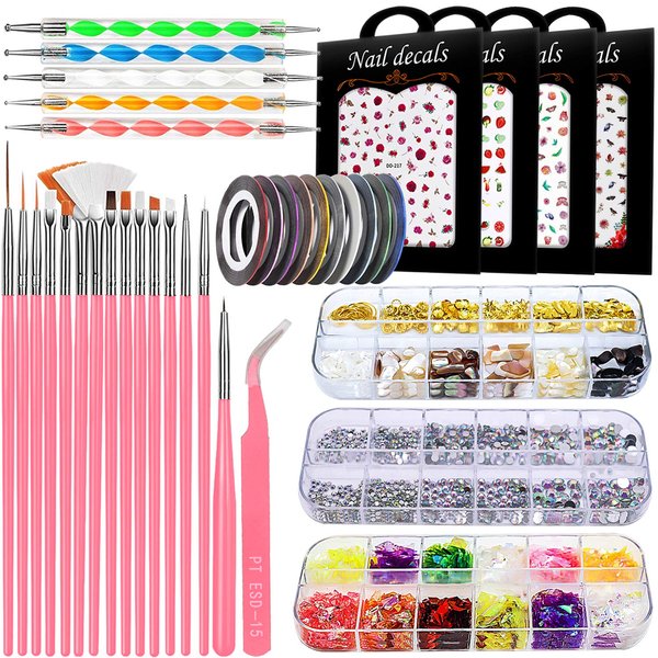 JOYJULY Nail Art Brushes Kit Nail Dotting Tools ,Crystals Glass AB Nail Art Rhinestones, 3D Nail Art Stickers Tape Strips ,Holographic Mermaid Nail Glitters Shell Sequins Nail Design Kit