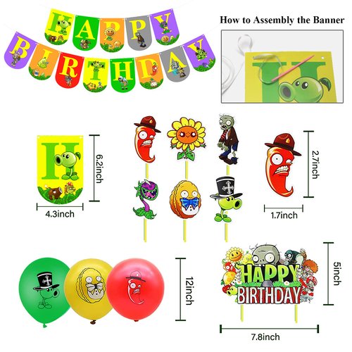 Plants Game Theme Birthday Party Decoration Set with Zombies Birthday Banners, Cake-Cupcake Topper , Balloons for Kids Boys Game Players PVZ Party Decor, 32PCS In Al