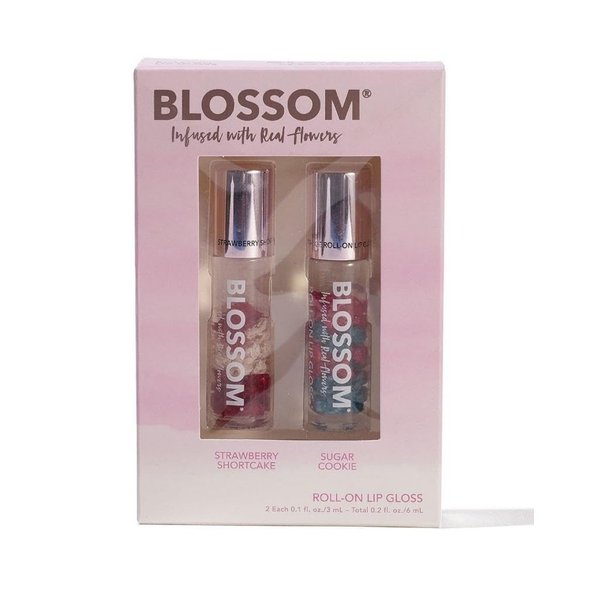 Blossom Scented Roll on Lip Gloss, Infused with Real Flowers, Made in USA, 2 pack Mini Gift Set, Strawberry, Sugar Cookie, High Glossy, Hydrating, Long Lasting Shine