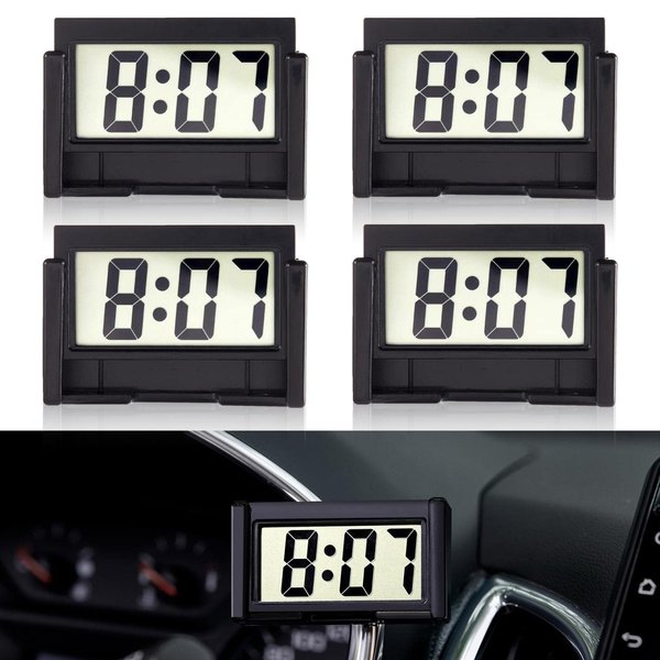 KANBIT Small Digital Car Dashboard Clock Battery Operated 4 Pieces Big Clear LCD Time Display with Strong Adhesive Mini Stick On Car Watch for Automotive, Motorcycle &Truck (Black）