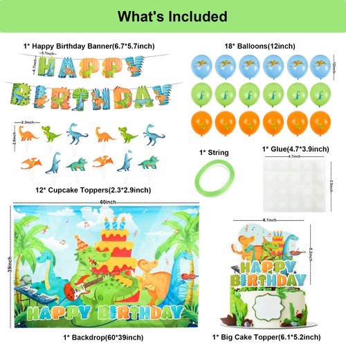 Dinosaur Birthday Party Supplies, 49Pcs Dinosaur Party Decorations with Dinosaur Happy Birthday Backdrop, Dinosaur Balloons, Happy Birthday Banner, Cupcake Toppers for Boys Kids Girls Celebration