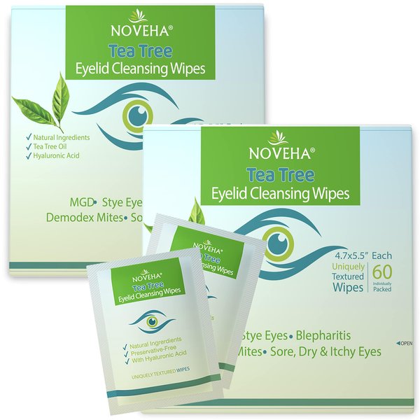 NOVEHA 120Pcs Tea Tree Oil Eyelid & Lash Wipes With Hyaluronic Acid, Green Tea & Chamomile For Blepharitis & Itchy Eyes, Individually Wrapped Eyelash Wipes, Natural Makeup Remover & Cleanser (2 Pack)