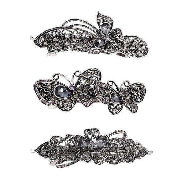 3pcs Crystal Hair Barrettes for Women Retro Black Metal Spring Hairpin Delicate Elegant Rhinestones Barrettes Vintage Ponytail Holder Headpiece Hair Jewelry Women Hair Styling Tools Accessories