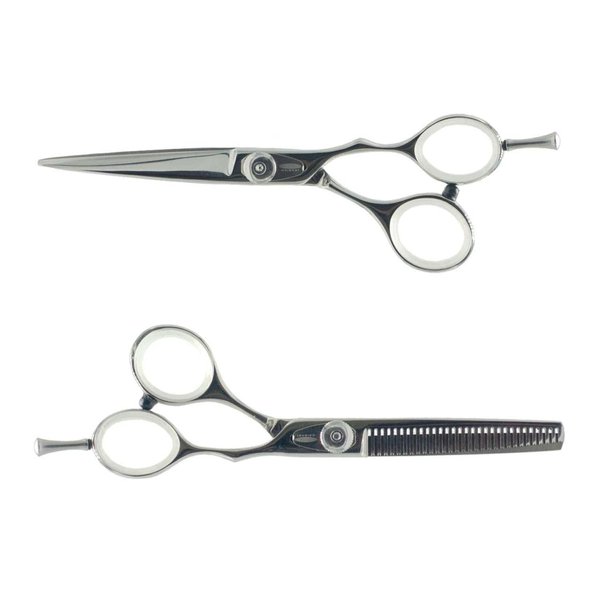 Cricket Logo Gold Series Pro 5.75” Hair Cutting Shear and 30T Thinning Texturizing Scissors Duo Set, Stainless Steel, Convex Edge, Value Set with Hair Dryer Gift