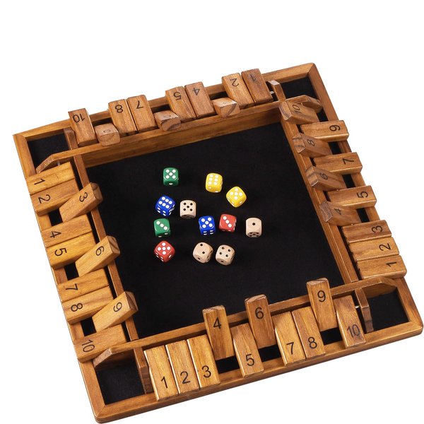 VAMSLOVE 12 inches Shut The Box Dice Game Wooden Board for 2-4 Player, 4 Sided 10 Numbers Math Games with 8+4 Dices Close The Box for Kids Adults(Instructions Included)