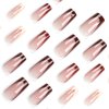 ZASKHLD Brown Press on Nails Medium Long Square Fake Nails Glossy Glue on Nails Reusable Brown French Tip Acrylic Nails Natural Autumn Coffin False Nails for Women Girls DIY Nails Decoration 24Pcs