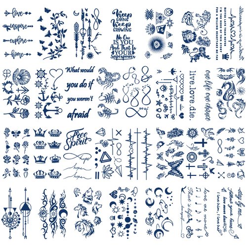 30 Sheets Semi-Permanent Tattoos for Women Girls Kids Realistic Waterproof Temporary Tattoos Crown Floral Rose Dark Blue Fake Tattoos, Lasting 1-2weeks Tiny Tattoo Stickers (Flower)