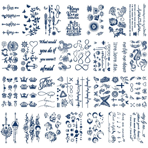 30 Sheets Semi-Permanent Tattoos for Women Girls Kids Realistic Waterproof Temporary Tattoos Crown Floral Rose Dark Blue Fake Tattoos, Lasting 1-2weeks Tiny Tattoo Stickers (Flower)