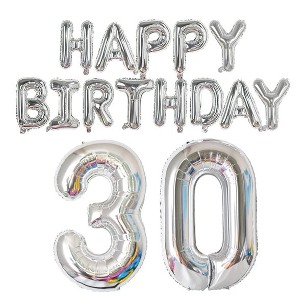 Happy Birthday Balloon Banner 40 inch 30 Balloon Number 16 Inch Happy Birthday Letters Balloons Silver Foil Mylar Balloons for Women and Man 30th Birthday Decorations Party Supplies