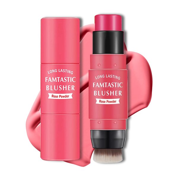 XINGXYUEL Cream Blush Stick with Brush, Waterproof, Long Lasting, Natural Finish, Rose Red - Compact Stick for All Skin Tones