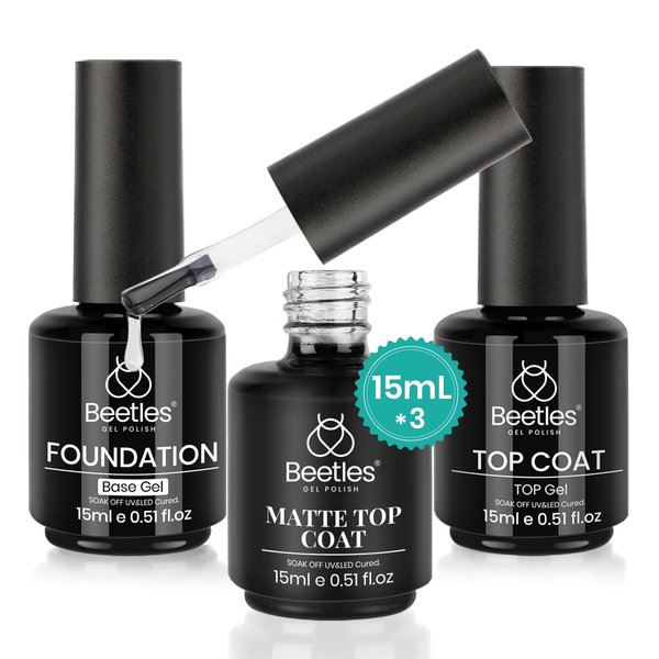 beetles Gel Polish, 3Pcs 15ml Base Gel and No Wipe Top Coat Gel Nail Polish Matte Coat Set, Shine Finish and Long Lasting, Soak Off LED Nail Lamp Gel Nail Polish DiY Design Gifts for Women