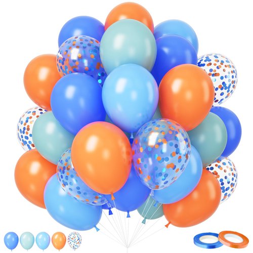 Orange and Blue Balloons, 50pcs 12 Inch Orange Blue Balloons Retro Blue Balloons Confetti Blue Orange With Ribbons for Birthday Baby Shower Graduation Engagement Party Decorations