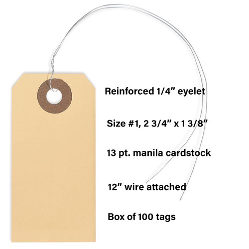 Manila Shipping Tags with Wire #1-2 3/4” x 1 3/8” - Box of 100 Paper Tags with Wire Ties Attached and Reinforced Hole, Small Pre-Wired Shipping Tags