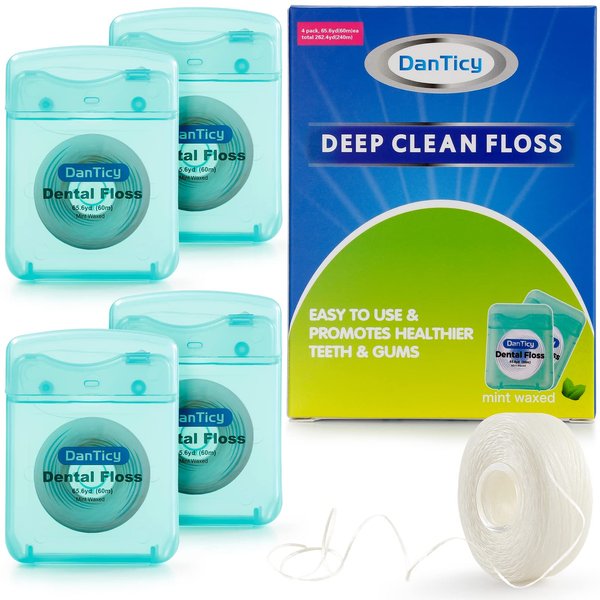 Dental Floss Deep Clean Waxed Floss,Extra Wide Cleaning and Slides Smoothly & Easily is Perfect for Individuals with Tight & Small Gaps Between Teeth, PFAS Free | Mint Flavored, 66Yards x 4 Pack