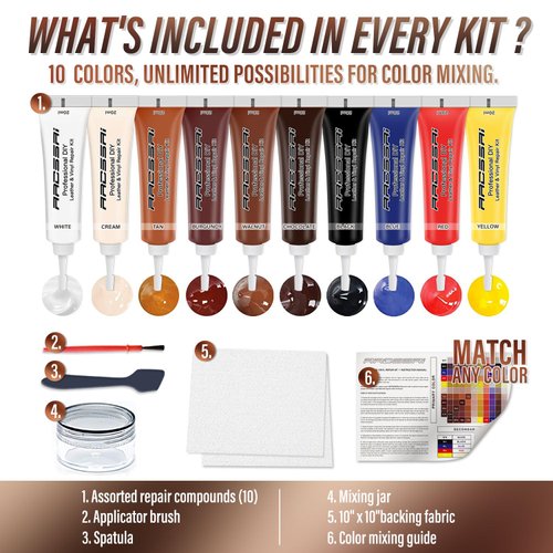 Leather Repair Kit for Furniture, Sofa, Jacket, Car Seats and Purse. Vinyl Repair Kit. Super Easy Instructions to Match Any Color, Restore Any Material, Bonded, Italian, Pleather, Genuine