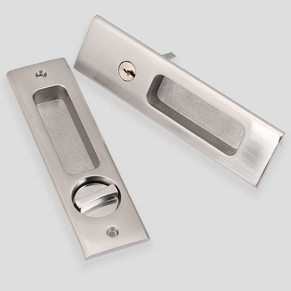 CCJH Privacy Pocket Door Lock Hardware with Key, Pocket Door Lock Handle Invisible Wooden Barn Door Latch, Interior Privacy Furniture Hardware Brushed Nickel Silver 1 Pack