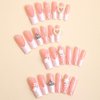 French Tip Press on Nails Long Coffin Fake Nails Summer Pink False Nails Heart-Shaped Pearl and Bows Designs Pink Rhinestone Full Cover Glossy Cute Flower Acrylic Nails White Nail Tips Glue on Nails for Women Girls 24 Pcs