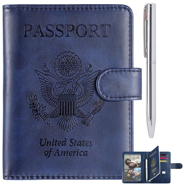 RSAquar Passport Holder for Women and Men, Premium PU Leather Travel Passport Wallet RFID Blocking Passport Cover Travel Documents Organizer with Pen Holder, Blue
