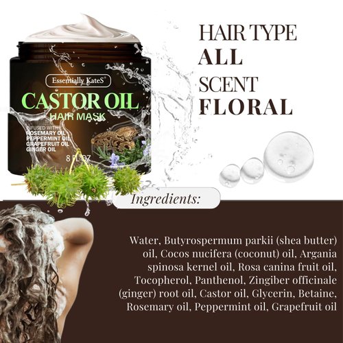 Essentially KateS Castor Oil Hair Mask 8 Fl Oz - Infused with Rosemary, Peppermint, Grapefruit and Ginger Oil - Fuller and Thicker Looking Formula - Last Long with Immediate Effect