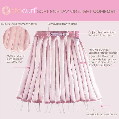 Octocurl Satin Hair Curlers to Sleep In - Heatless Curlers for Overnight Curls, Heatless Hair Curler, Heatless Curls Headband, Hair Curlers No Heat, Hair Rollers, Curlers for Long Hair (Pink)