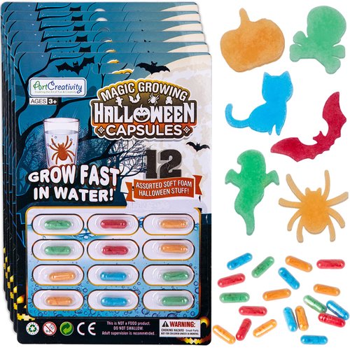 ArtCreativity Halloween Magic Growing Capsules - 6 Packs with 12 Expanding Grow Capsules, Water Growing Toys for Kids, Halloween Sponge Pill Capsule Creatures, Kids’ Halloween Party Favors