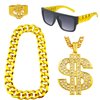 Riuziyi 4 Pack 80s 90s Hip Hop Costumes Outfit, Fake Gold Chain Money Chain, Twist Leg Punk Sunglasses, Dollar Sign Finger Ring for Men Women Rapper Accessories (Gold)