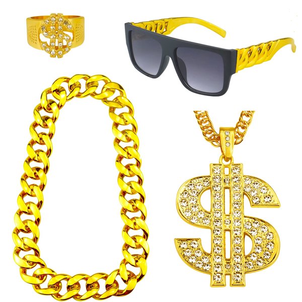 Riuziyi 4 Pack 80s 90s Hip Hop Costumes Outfit, Fake Gold Chain Money Chain, Twist Leg Punk Sunglasses, Dollar Sign Finger Ring for Men Women Rapper Accessories (Gold)