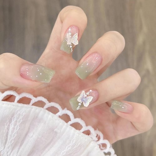BABALAL Square Press on Nails Medium Fake Nails Green Glue on Nails 3D Butterfly Pearl Design Acrylic Nails 24Pcs Squoval Manicure Stick on Nails for Women and Girls