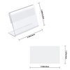 BILLIOTEAM 50pack Mini Clear Sign Display Holder with Blank Labels,2.4*1.6 Inch Horizontal Slanted L-Shape Plastic Name Card Price Card Tag Label Counter Top Stand
