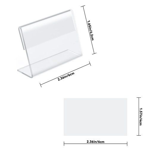 BILLIOTEAM 50pack Mini Clear Sign Display Holder with Blank Labels,2.4*1.6 Inch Horizontal Slanted L-Shape Plastic Name Card Price Card Tag Label Counter Top Stand