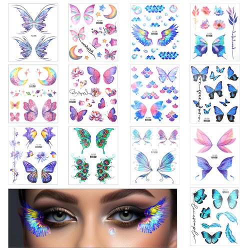 13Sheet Butterfly Tattoos for Kids Women 60pcs Glitter Colorful Festival Fairy Accessories Face Stickers Butterfly Temporary Tattoos Stickers Waterproof For Face Eye Makeup Birthday Party