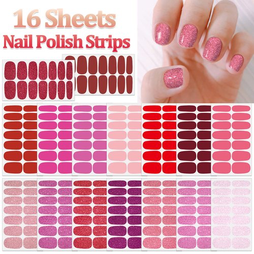 SILPECWEE 16 Sheets Red Glitter Nail Wraps for Women Solid Color Nail Polish Strips Self Adhesive Nail Polish Stickers Fingernail Manicure Sticker Nail Art with 1pc Nail File (Lovely Color)