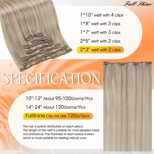Full Shine Clip in Hair Extensions 120Grams Blonde Clip in Human Hair Extensions Remy Seamless Ash Blonde Hair Highlight Platinum Blonde Real Hair Clip in Extensions Double Weft 7Pcs/120G 22 Inch