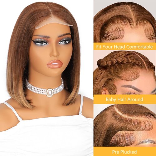 Royal Lady Highlight 4x4 HD Lace Front Wigs Ombre 4/27 Human Hair Bob Wigs Colored Lace Closure Wigs for Women Glueless Pre Plucked with Baby Hair 180% Density Straight Short Bob Wigs 10 Inch
