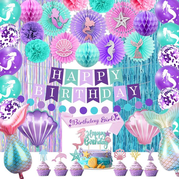 Mermaid Birthday Decorations Mermaid Party Supplies Kit Include Banner Balloons Cupcake Toppers Paper Fans Birthday Sash Metallic Fringe Curtains for Mermaid Party Decorations