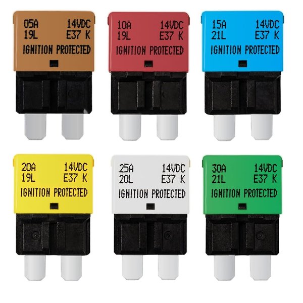 Tiooka Circuit Breaker E37 DC 14V Auto Reset Fuse Low Profile ATC/ATO Fuse Kit 6 PCS 5A 10A 15A 20A 25A 30A for Boat Marine RV Yacht Battery Trailer Bus Truck