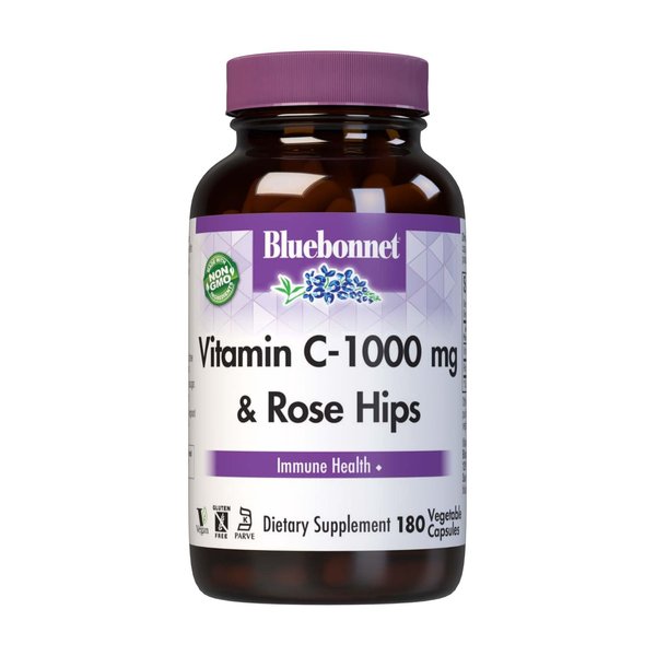 Bluebonnet Vitamin C 1000 mg Plus Rosehips Vegetable Capsules, 180 Count (743715005754)