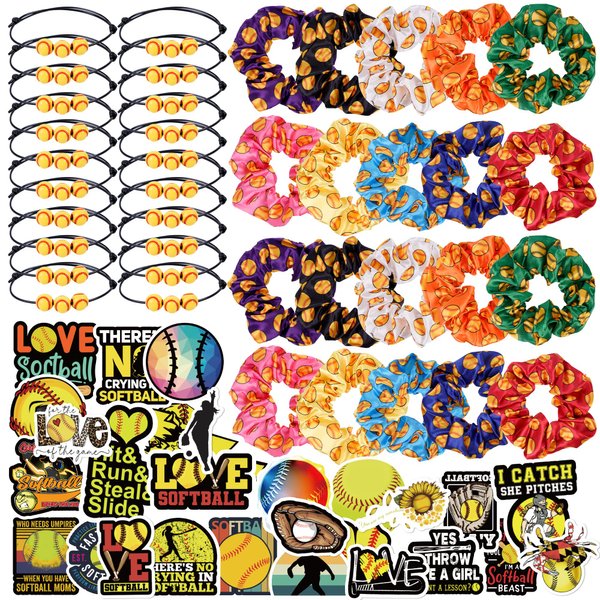 140 Pieces Softball Party Favor Set Softball Team Gifts for Girls Women 20 Satin Softball Scrunchies Hair Ties,20 Adjustable Softball Bracelet and 100 Softball Stickers Softball Birthday Party