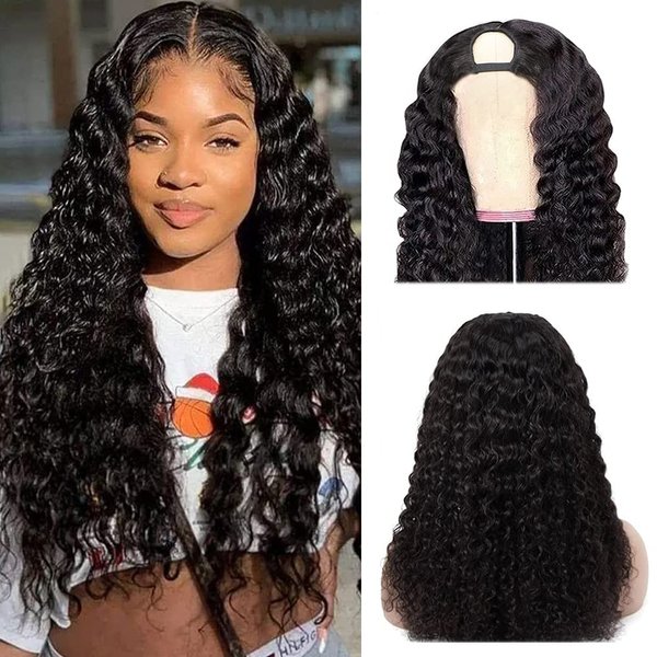 U Part Wigs Human Hair Wigs for Black Women Deep Wave Human Hair 180% Density Brazilian Hair Full Head Clip in Half Wig V Part Glueless Wgs Human Hair Pre Plucked U Shape Wigs Natural Color(26 inch)