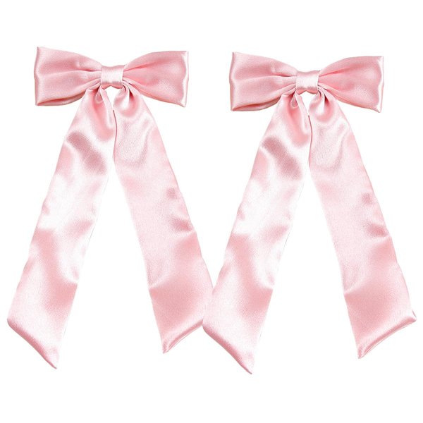 SALOCY Hair Ribbon Bows with Long Tail,2 PCS Bow Hair Clips for Women Girls Big Ribbon Bows Satin Hair Clip for Hair Design (Pink)