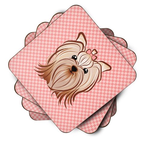 Carolines Treasures Checkerboard Pink Yorkie Yorkishire Terrier Foam Coaster Set of 4 3 1/2 x 3 1/2 multicolor
