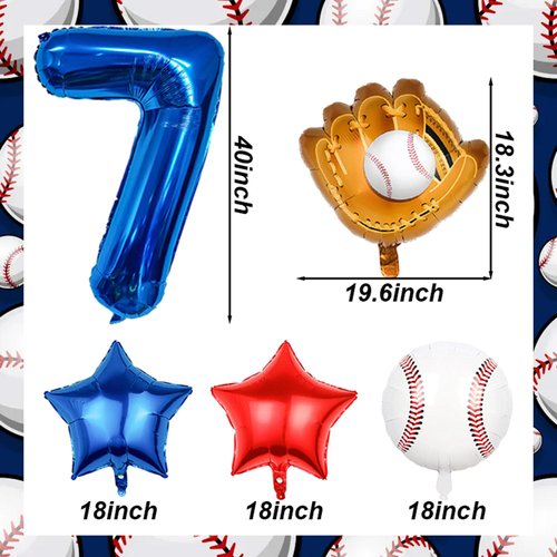 Baseball Balloons 7th Birthday Decorations for Boys, Baseball Party Decorations Baseball Sports Theme Party Supplies, 40 inch Foil Number Balloons Number 7 Balloon Blue Red White Sports Balloon Kits