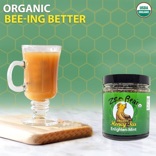 Enlighten Mint Honey Tea - Wildflower Honey, Green Tea, Spearmint, Peppermint - Uniquely Soothing & Invigorating - Raw, Pure Honey - Elevate Your Tea Time | 8 Oz Jar for Refreshing Tea Experience
