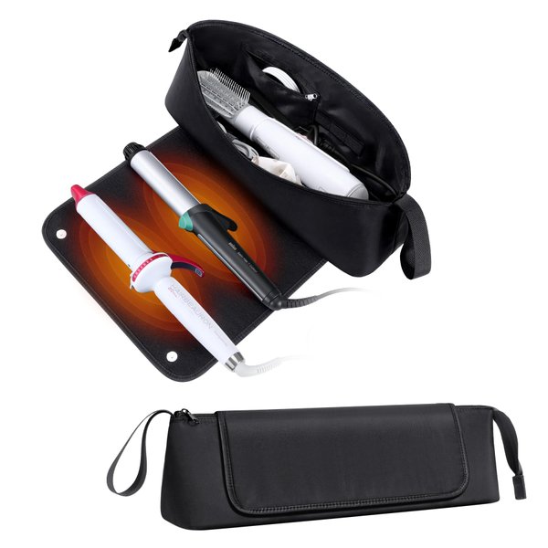 BUBM Hair Tools Travel Bag and Mat with Removable Heat-Resistant Straighteners, Curling Iron, and Haircare Accessories, 2-in-1 design, with Interior Pockets, Portable Organizer
