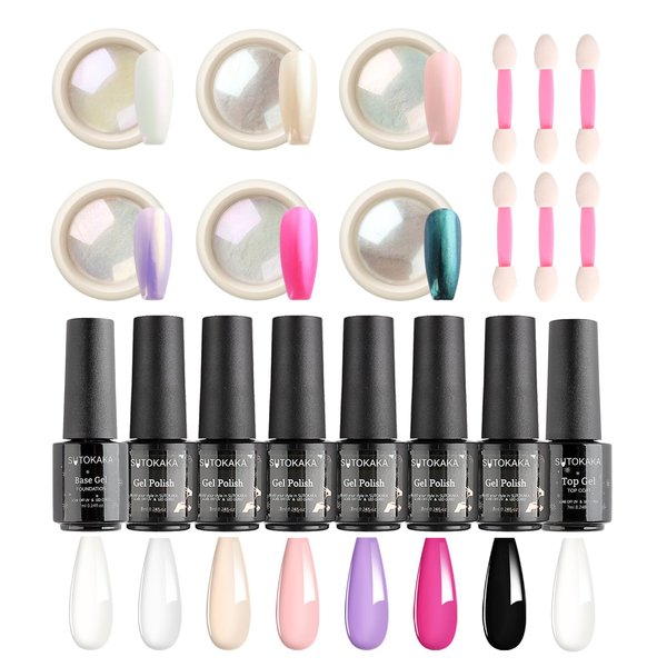 SUTOKAKA Gel Nail Polish Chrome Nail Powder Set 6 Colors Pink Purple Black White Gel Polish with Metallic Mirror Aurora Pearl Dust Soak Off UV LED Gel Art Kit DIY Manicure Gifts for Women